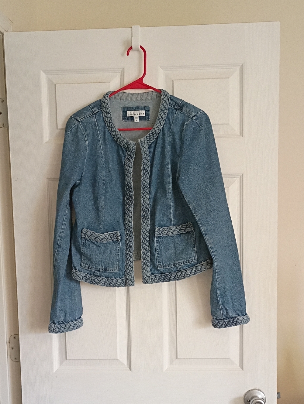 Made And loved Loft- Women's Light Blue Braided-Trim Denim Jacket